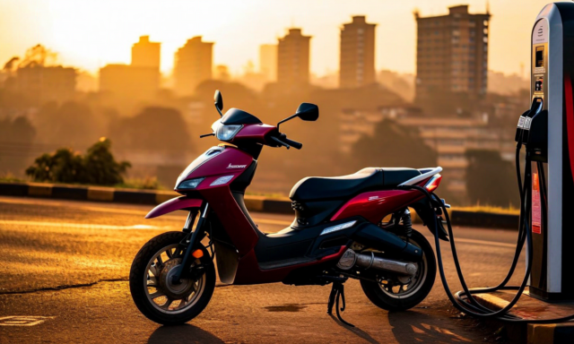 Electric boda-boda motorcycle taxi at a charging station in Nairobi at sunrise
