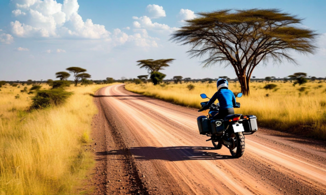 Rural African road with EV motorcycle, mobile signal coverage map overlay