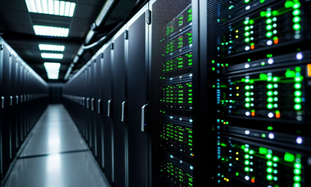 Server rack in a data center with green indicator lights, clean lines