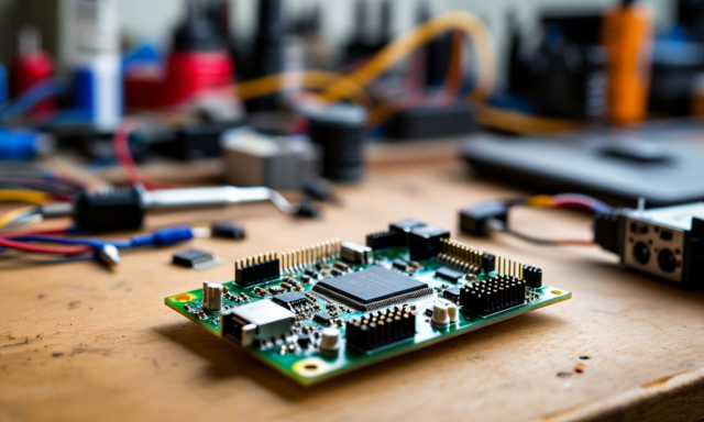 First prototype Stima edge module on a workbench next to a Raspberry Pi, hand-soldered components