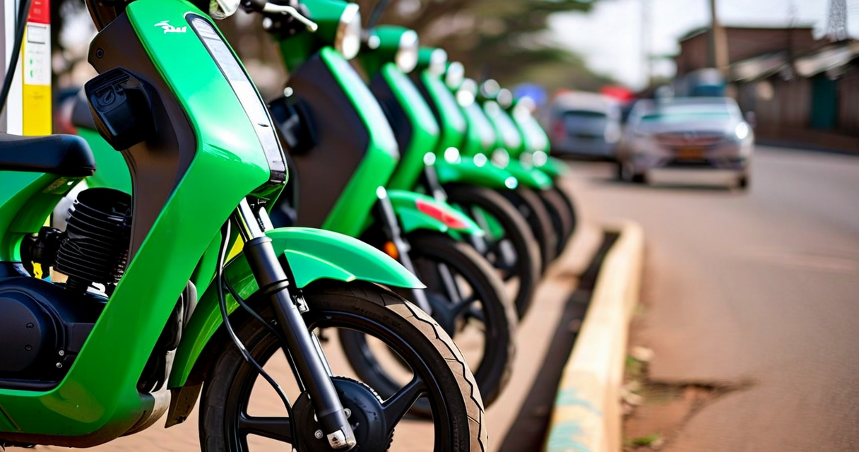 Electric motorcycle taxi boda-boda fleet in Nairobi, Kenya, parked at a charging station